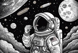 a picture of an astronaut eating a corndog while floating in space showing the full body tattoo idea