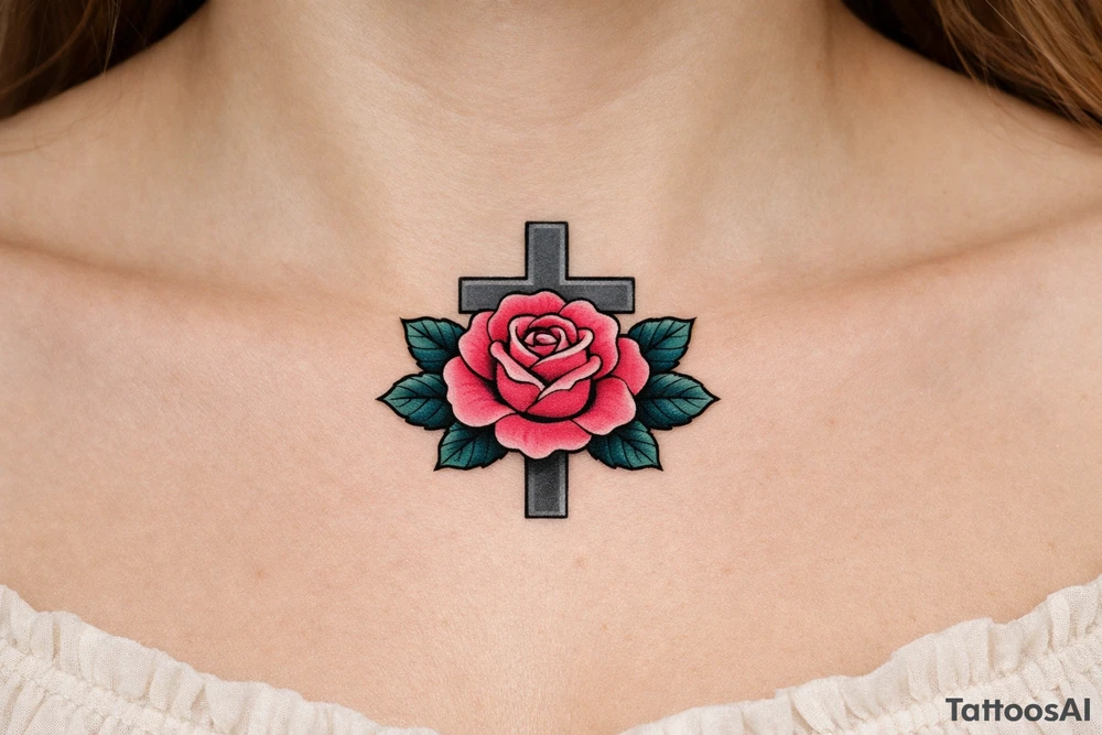 Pink rose , petrol leaves no stem, 
 cross behind it, cross is grey, cross is solid and has straight lines, vertical line is longer tattoo idea