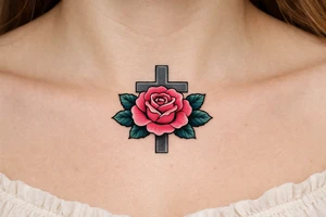 Pink rose , petrol leaves no stem, 
 cross behind it, cross is grey, cross is solid and has straight lines, vertical line is longer tattoo idea
