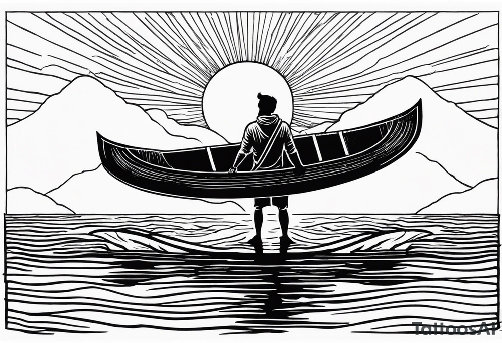 pictured from behind, average sized silhouette man with arms fully extended straight out to the side at chest level, standing on top of modestly sized canoe on the water with a sun above his head. tattoo idea