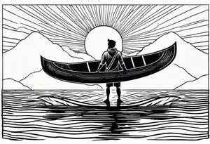 pictured from behind, average sized silhouette man with arms fully extended straight out to the side at chest level, standing on top of modestly sized canoe on the water with a sun above his head. tattoo idea