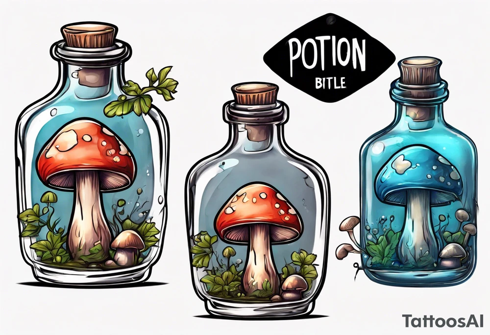 potion bottle with. mushrooms inside tattoo idea