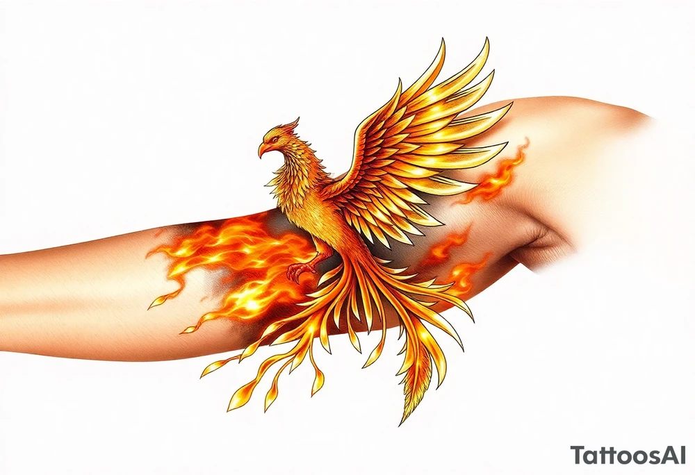 magnificent phoenix rising from golden flames with trailing embers tattoo idea