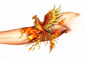 magnificent phoenix rising from golden flames with trailing embers tattoo idea