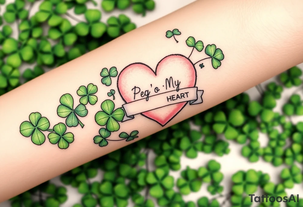 A ton of green shamrocks with a big pale pink heart with a banner across the heart that says Peg 'o My Heart tattoo idea