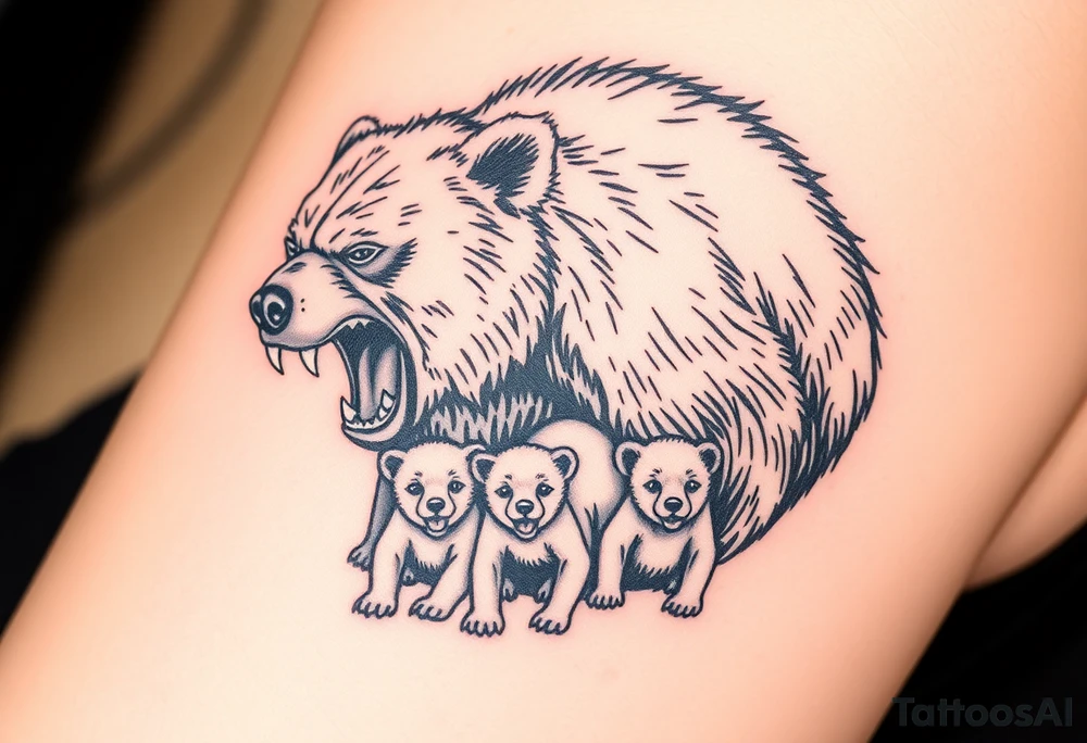 A detailed grizzly bear fiercely growling, looming over 4 cubs 3 girls and a boy. tattoo idea