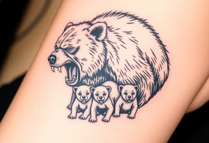 A detailed grizzly bear fiercely growling, looming over 4 cubs 3 girls and a boy. tattoo idea