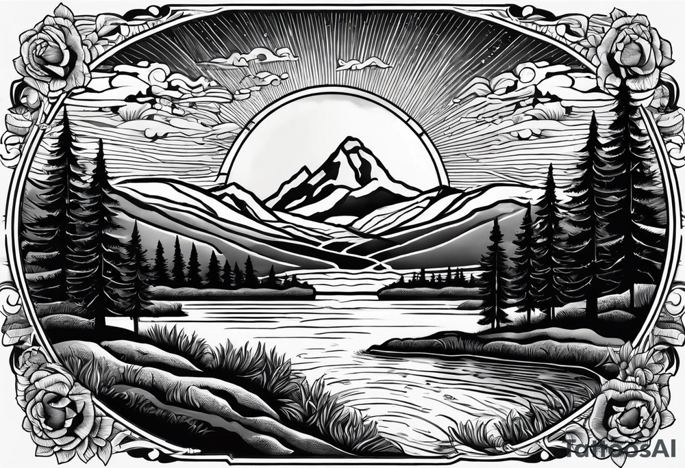 Mountain scene with a river with a subtle peace sign as the sun. Use the words IT IS WELL written in the scene tattoo idea