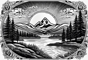 Mountain scene with a river with a subtle peace sign as the sun. Use the words IT IS WELL written in the scene tattoo idea