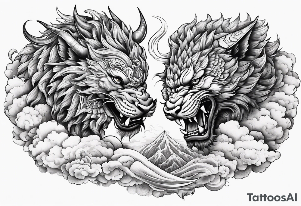 two creatures carving each another with tools japanese clouds tattoo idea