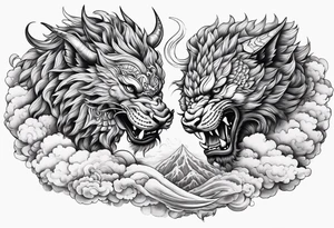 two creatures carving each another with tools japanese clouds tattoo idea