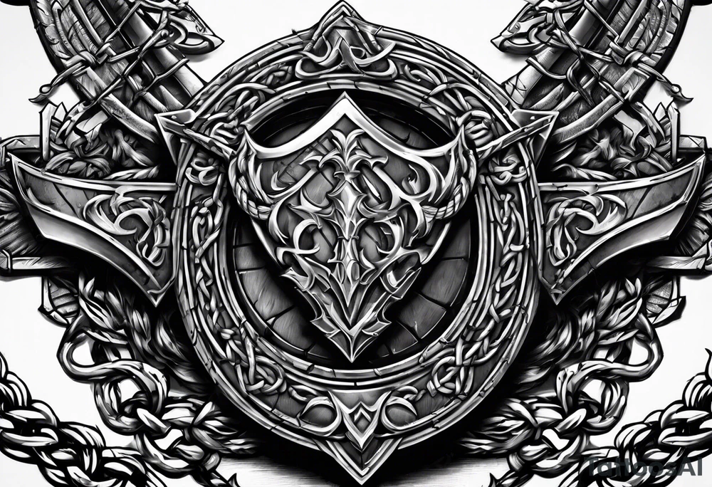 Valhalla sword shield axe barbed wire chains dark cloud tattoo idea
