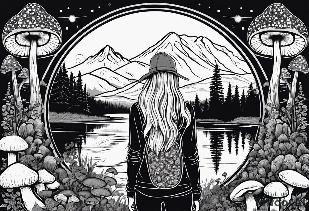 Whole picture encircled fully

Straight long blonde hair hippie girl in distance holding mushrooms in hand facing away toward mountains and creek surrounded by mushrooms long sleeve shirt and hiking pants; whole rendering within a full circle, no cut off circle tattoo idea