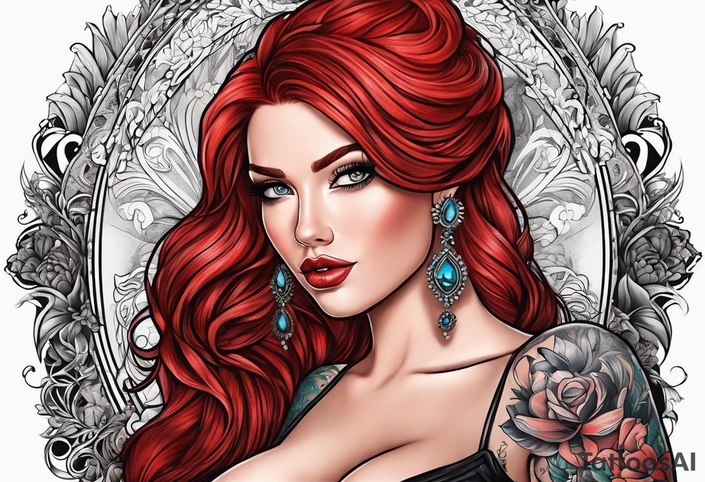 Busty red haired woman with a bearded man who has black hair tattoo idea