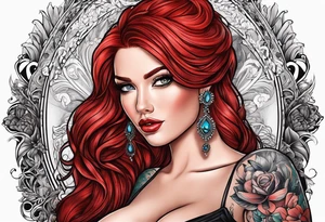 Busty red haired woman with a bearded man who has black hair tattoo idea