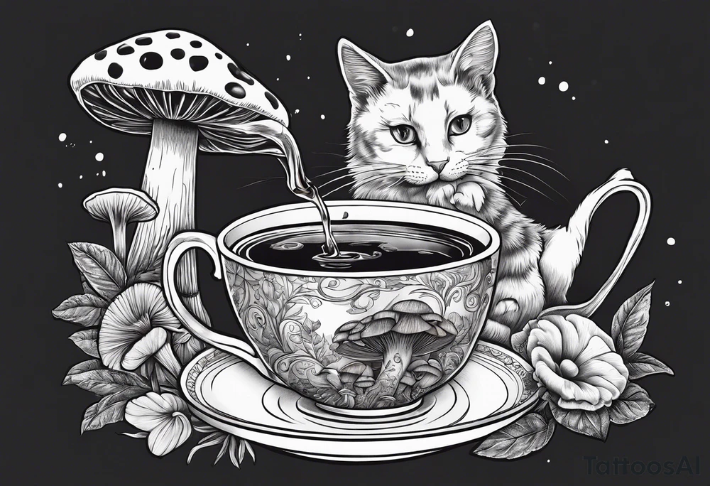 Black and mysterious cat taking a mushrooms tea tattoo idea Black and mysterious cat taking a mushrooms tea tattoo idea