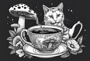 Black and mysterious cat taking a mushrooms tea tattoo idea