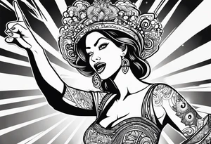 Silly. odd woman ugly dancing pointing her fingers up in the sky. non-realistic. tattoo idea