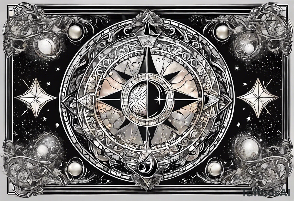 Matter, energy, space and time with an old stone theta symbol with stars in the background and Scorpio constellation tattoo idea