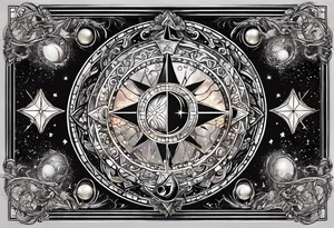 Matter, energy, space and time with an old stone theta symbol with stars in the background and Scorpio constellation tattoo idea