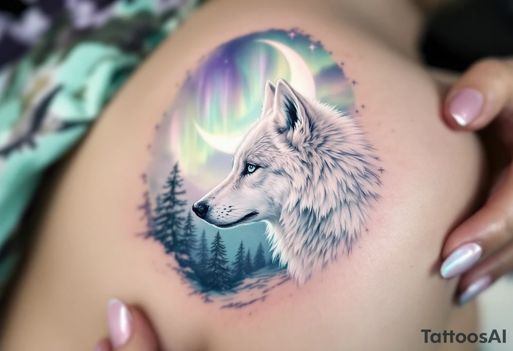 White arctic wolf with piercing blue eyes standing beneath a soft glowing crescent moon, with a northern lights sky in green, purple, and teal. tattoo idea