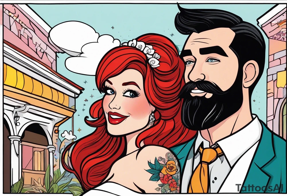 Busty red haired woman with a bearded man who has black hair getting married tattoo idea