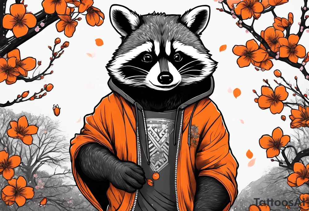 raccoon wearing a black and white Superman hoodie and orange Japanese cherry blossoms tattoo idea