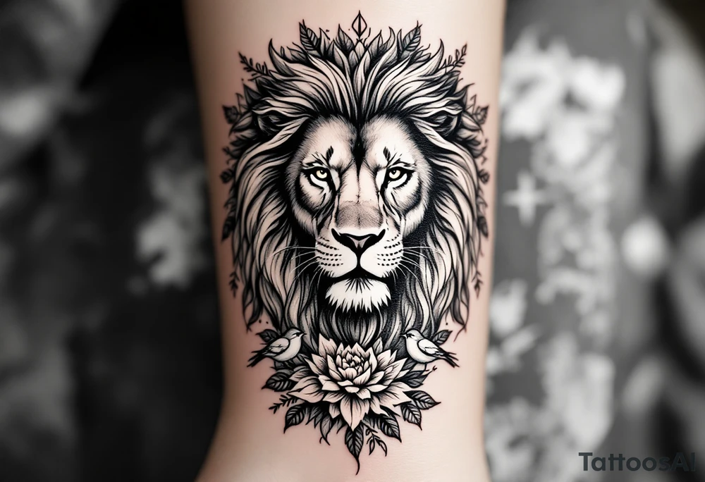 powerful majestic lion with a crown, surrounded by floral ornaments and birds tattoo idea