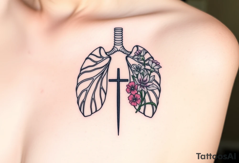 tattoo with skeleton lungs
: one side representing death and the other life. (from death to life) with a simple cross down the middle. The life side I'd like the following flowers growing out of it: Morning Glory, Lily of the Valley, Daffodil, Rose, Poppy, and Iris tattoo idea