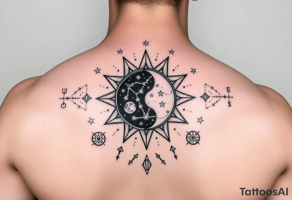 celestial sun and moon embrace with constellation patterns tattoo idea