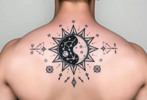 celestial sun and moon embrace with constellation patterns tattoo idea