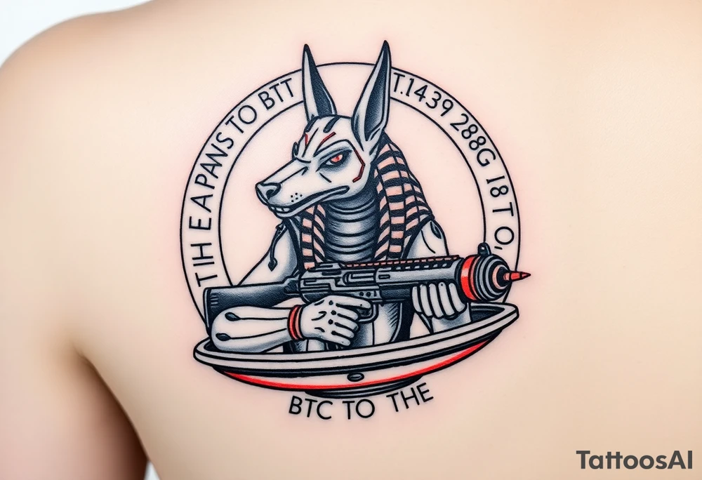 "Anubis in a ufo, holding a tommy gun. His jackal head is half-cyborg (exposed circuits). Hieroglyph background spells 'BTC TO THE MOON'.  

Style: Art Deco meets cyber-Egyptian. Black/red/gold ink. Forearm sleeve." tattoo idea