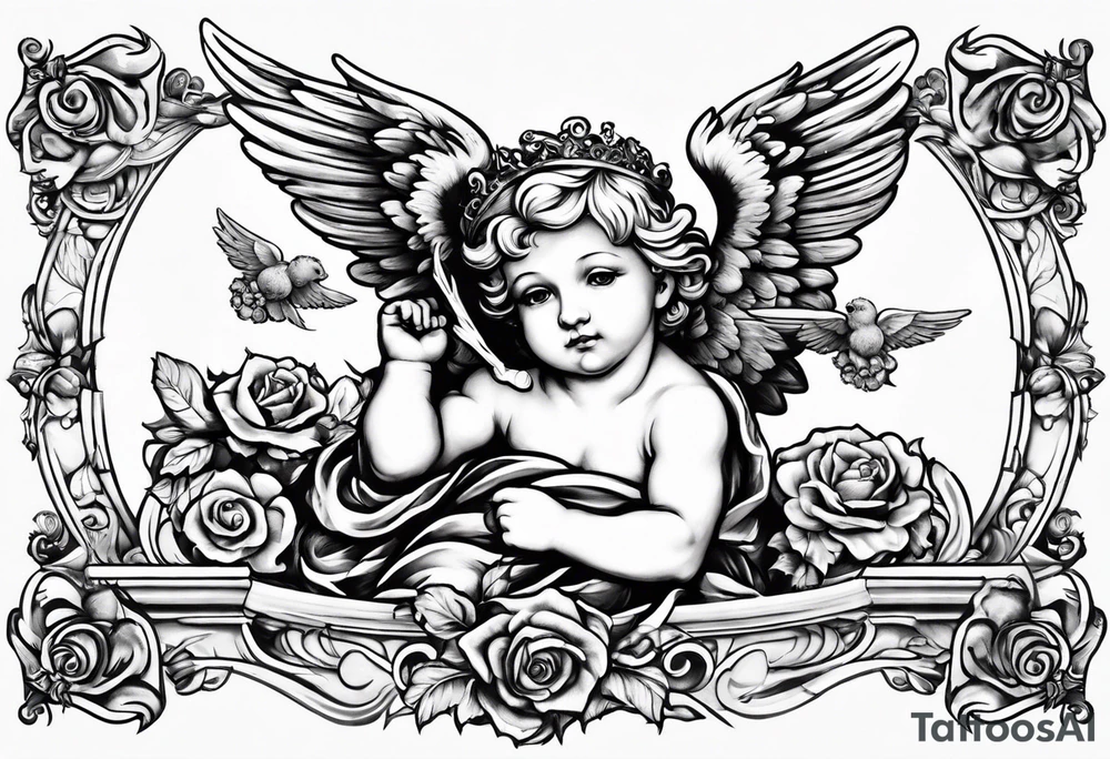 renaissance style cherub flying with teddy bear tattoo idea
