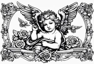 renaissance style cherub flying with teddy bear tattoo idea