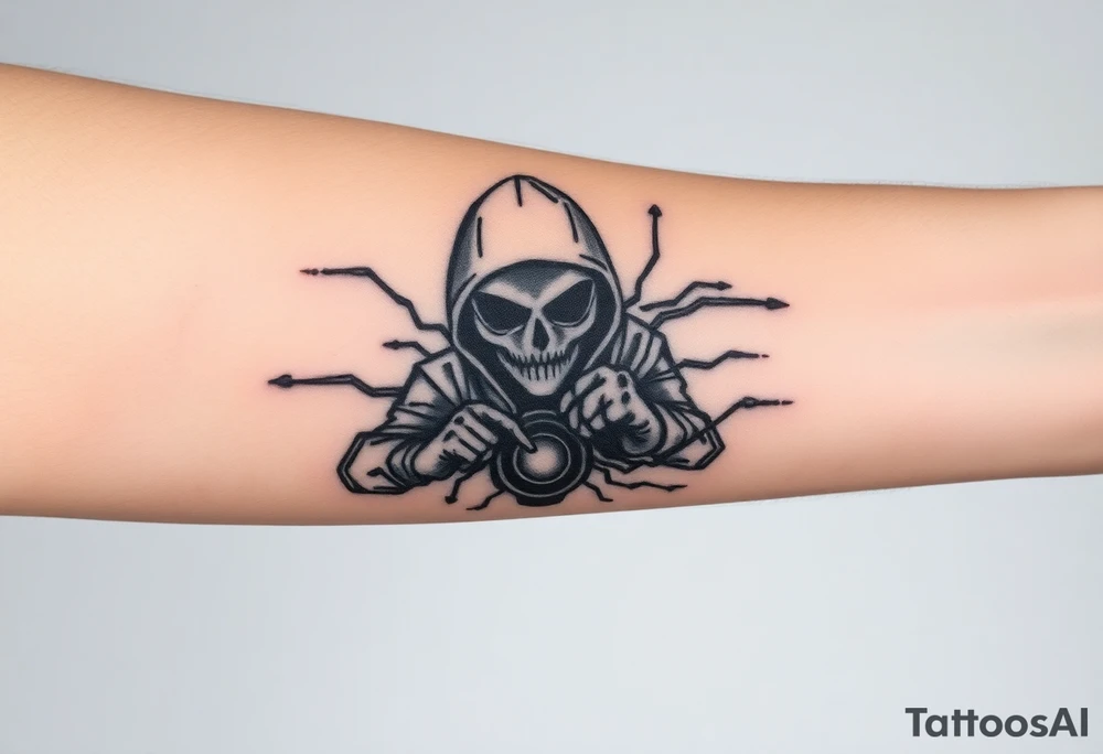 Tattoo for the top side of the forearm, black and gray, flash, hacker computer tech tattoo idea