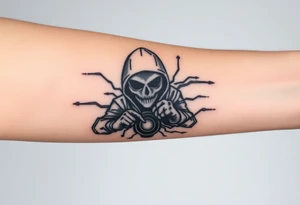 Tattoo for the top side of the forearm, black and gray, flash, hacker computer tech tattoo idea