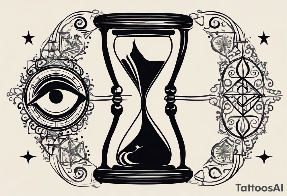 I want a tattoo-inspired design for a t-shirt that features a bold and detailed hourglass with a hand clock in the center, using Amazigh numerals for the clock numbers. The hourglass should have a strong, shaded look, with sharp lines resembling tattoo art. Planets and stars should orbit around the hourglass, giving it a cosmic and timeless feel. The design should be intricate, focusing on the flow of time and the universe, with the planets adding depth and movement. The overall aesthetic should be bold and detailed, in a blackwork tattoo style, without any flowers."black and whit design tattoo idea