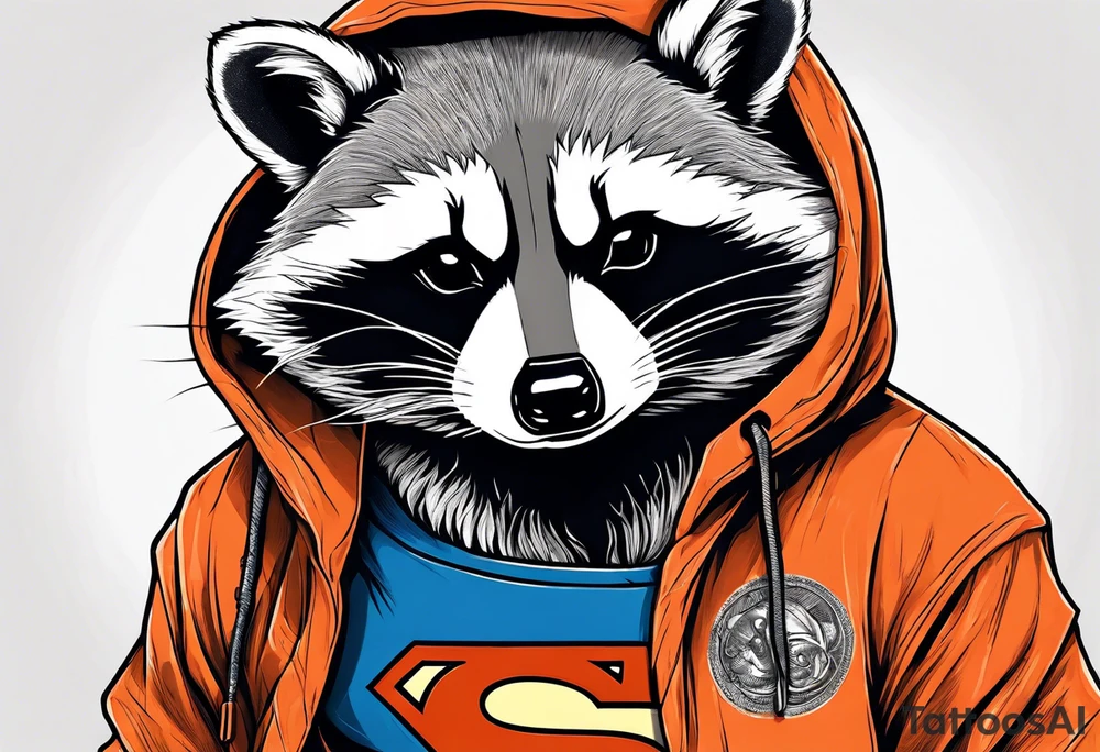Raccoon wearing an orange Superman hoodie tattoo idea