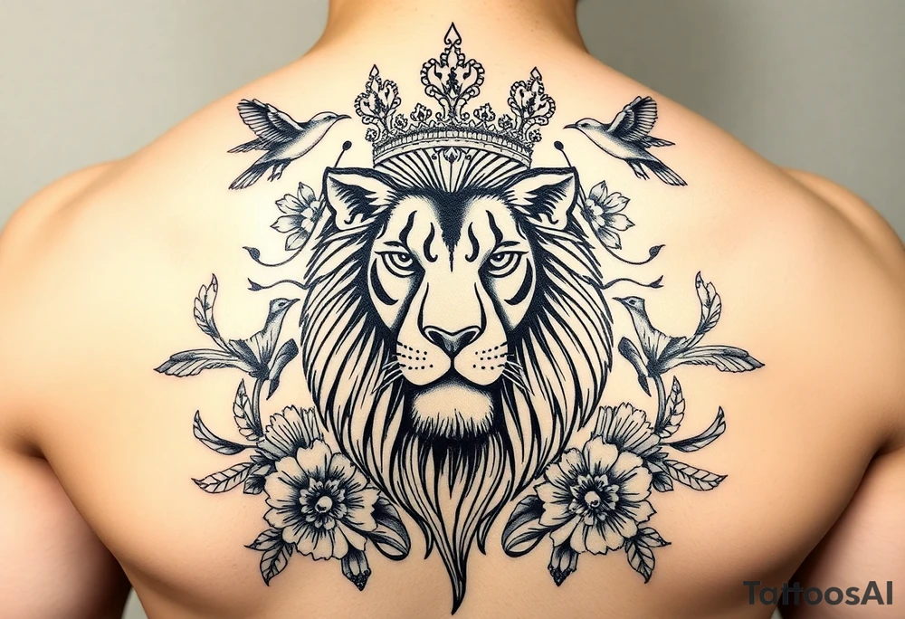powerful majestic lion with a crown, surrounded by floral ornaments and birds tattoo idea