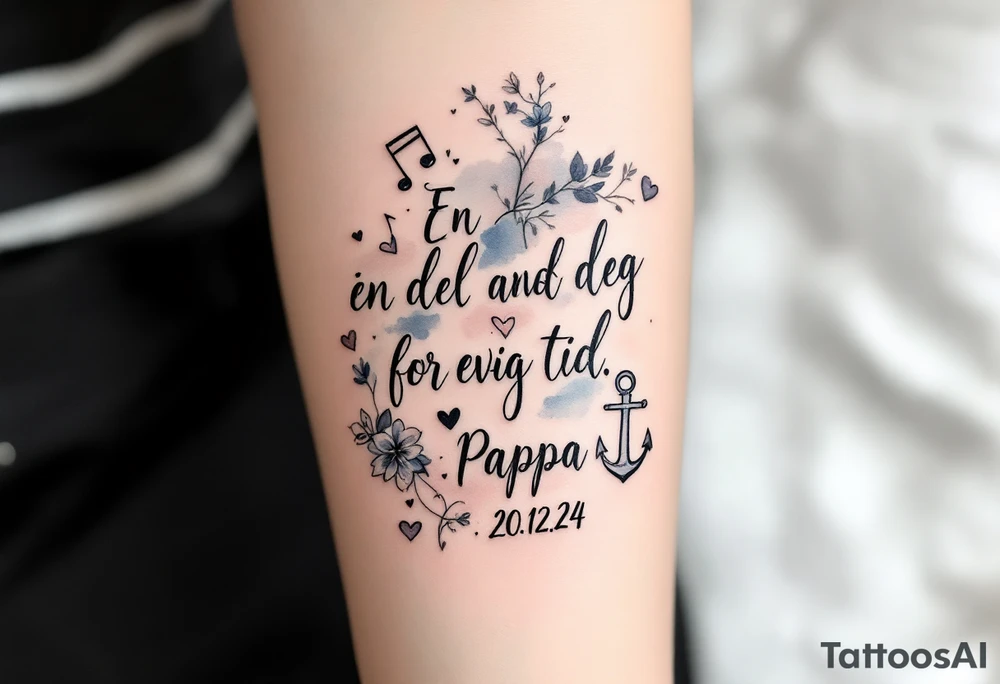 Quote: "En del av deg for evig tid. 
Pappa 20.12.24"
Surround the quote with delicate gladious, notes, hearts and an anchor tattoo idea