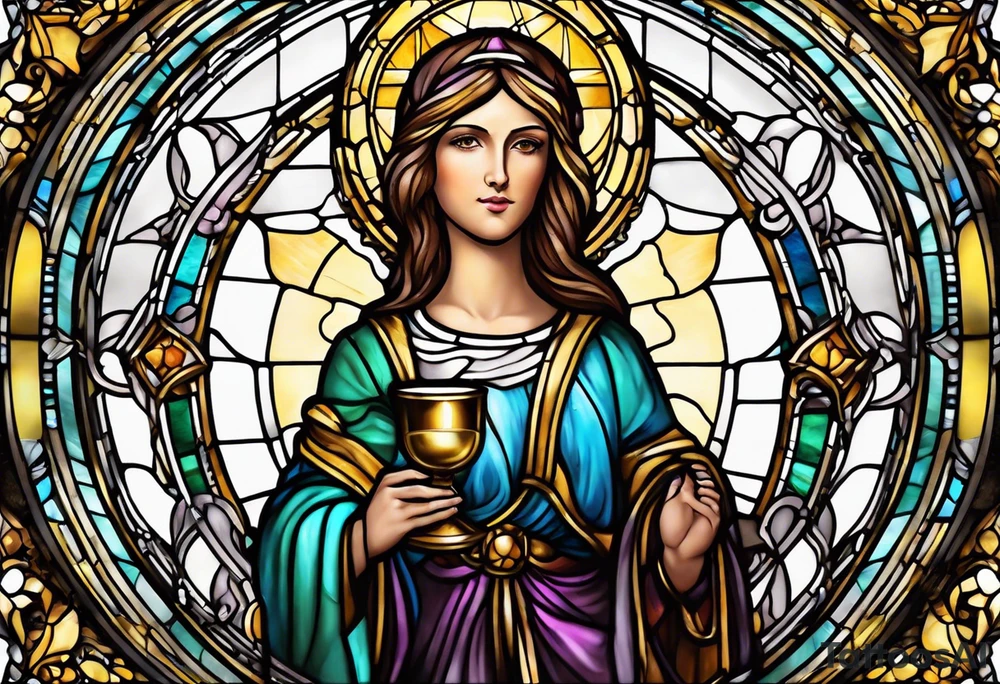 holy saint woman with halo stained glass holding a chalice tattoo idea