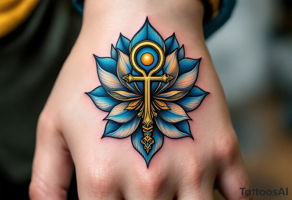 A golden Ankh symbolizing eternal life, wrapped in deep blue lotus petals tattoo idea