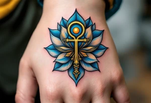 A golden Ankh symbolizing eternal life, wrapped in deep blue lotus petals tattoo idea