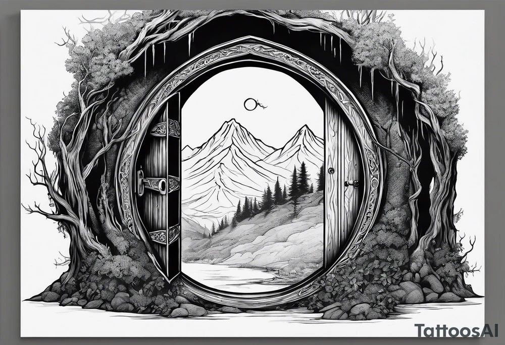 Lord of the rings and Harry Potter movie mashup. Small and simple. Not too much artistic detail. Hobbit door hole, wands, elvish writing, deathly hallows tattoo idea