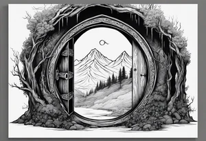 Lord of the rings and Harry Potter movie mashup. Small and simple. Not too much artistic detail. Hobbit door hole, wands, elvish writing, deathly hallows tattoo idea