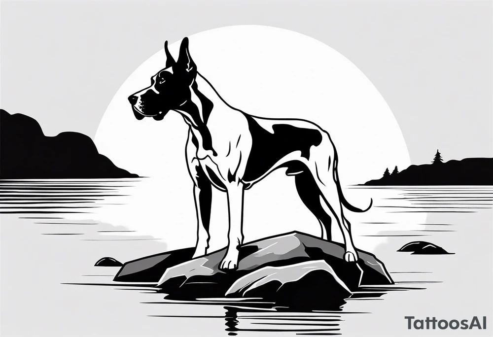 Arm sleeve with Great Dane (Full Tuxedo Color and floppy ears) standing proudly chest up on a rock in front of a body of water tattoo idea