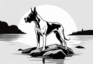 Arm sleeve with Great Dane (Full Tuxedo Color and floppy ears) standing proudly chest up on a rock in front of a body of water tattoo idea