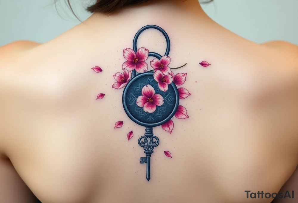 A cherry blossom lock with pink petals gently falling around it, with an intricately designed silver key flowing below unattached to the lock tattoo idea