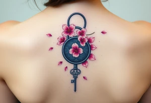 A cherry blossom lock with pink petals gently falling around it, with an intricately designed silver key flowing below unattached to the lock tattoo idea