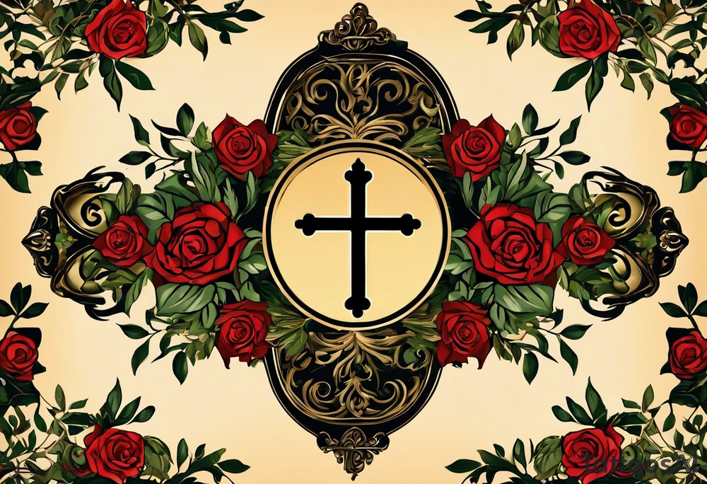 this ins meant to be a collage style that will cover the forearm from the wrist to elbow. Give me an olive branch on wirst at bottom shaped like a manura lamp. A cross above that with smallers olive and rose branches and roses arount it with a crown above the cross on bothe sides small hebrew letters that say king of glory and the other says yeshua messiah in hebrew tattoo idea